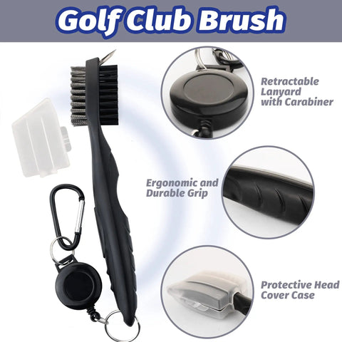 Three In One Golf Gear Kit With Microfiber Waffle Towel Clip, Golf Club Brush Groove Cleaner And Divot Tool With Marker For Men And Women Ideal Gift For Golfers Of All Levels And Ages, featuring a black dual-brush with retractable lanyard, ergonomic grip, and carabiner.
