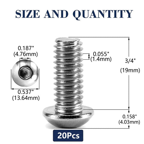 Heavy Duty 304 Stainless Steel Button Head Socket Cap Bolts 5/16-18 X 3/4 Inch 20 Piece Pack dimensions and size details