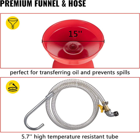 Heavy Duty 20 Gallon Waste Oil Drain Tank With Air Operated Drainer Portable Pro Grade Oil Lift Pan showing red funnel and hose