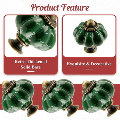 8-Piece Ceramic Pumpkin Cabinet Knobs In Dark Green With Dope Vintage Vibe For Vanity, Closet And Cupboard shown in detail.