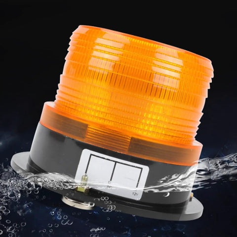 Yellow LED Emergency Warning Light Flashing Lamp 12V For Vehicles Factories Transportation Equipment School Buses Industrial Machinery Safety Alert With Weatherproof Lamp Shade Heavy Duty on black background with water resistance.
