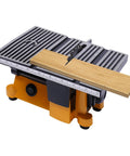 Dope 4 Inch Mini Table Saw Portable Miter Bench, 90W Power Cutter, displaying cutting wood with precise miter guide.