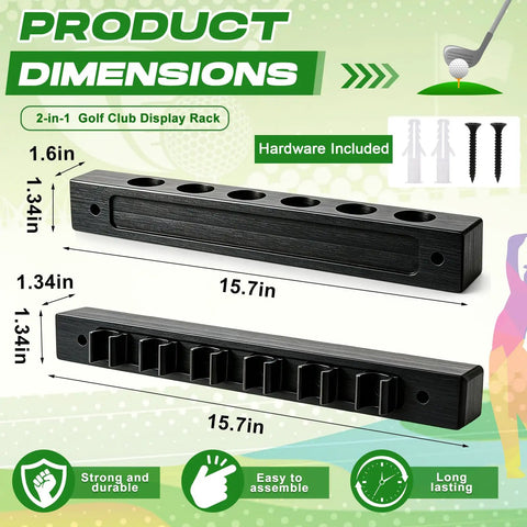 Two Pack Wall Mounted Golf Club Display Rack And Ball Display Case Set for Six Clubs And Six Balls, product dimensions shown