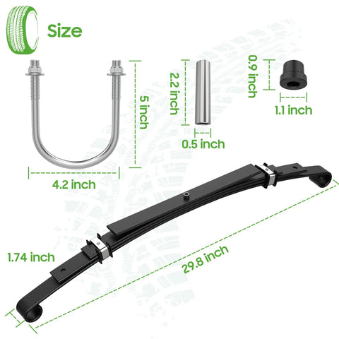 Heavy Duty Rear Four Leaf Spring Kit With Bushings And Sleeves Fits Club Car Ds Golf Cart 1982 Onward, showing dimensions and components.