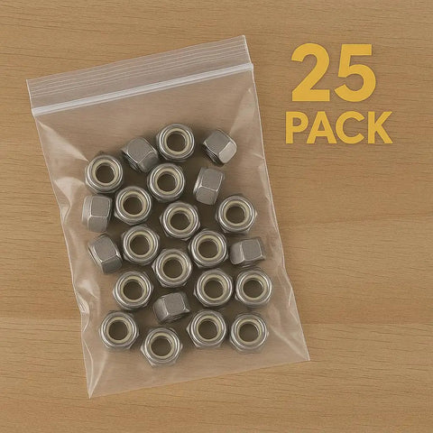 25 Pack 3/8-16 Stainless Steel Nylon Insert Hex Lock Nuts With Hex Socket Drive in clear bag on wooden surface