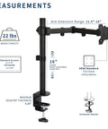 Diagram of Ultra Flexible Monitor Arm Desk Mount For 13 To 38 Inch Ultrawide And Regular Monitors Up To 32 Inches, 22 Lb Capacity, Fully Adjustable With C Clamp Or Grommet Base, Black