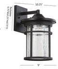 10.25 Inch Black And Clear Outdoor Wall Lantern With Integrated LED, Modern Farmhouse Exterior Sconce For Entryway Patio Or Garage, Clear Crackled Glass Shade, Always Flicker Free Lighting, ETL Listed.