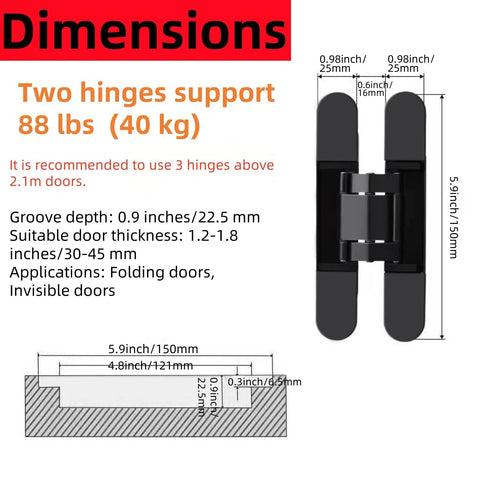 Dimensions of Hidden Door Hinges 6 Inch Heavy Duty Concealed 180 Degree Swing 3 Way Adjustable Butt Hinges for Wooden Doors