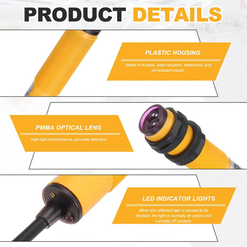 Diffuse Reflection Photoelectric Sensor M18 with plastic housing, PMMA optical lens, and LED indicator lights for industrial use.