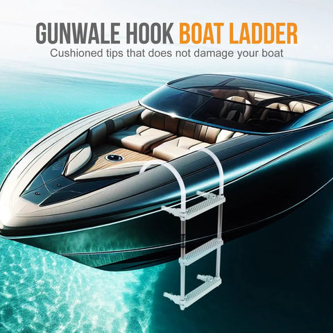 Folding 3 Step Aluminum Boat Ladder With Wide Non Slip Steps For Fishing Pontoon Boats Yacht And Dock Heavy Duty Marine Grade Aluminum Cushioned Gunwale Hooks Adjustable Legs Safe Secure Boarding on yacht