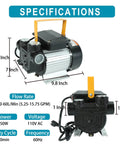 No-Nonsense 110V AC 550W Self Priming Electric Fuel Transfer Pump, measuring 8.6x9.8x7 inches, designed for fuel hauling on job sites.