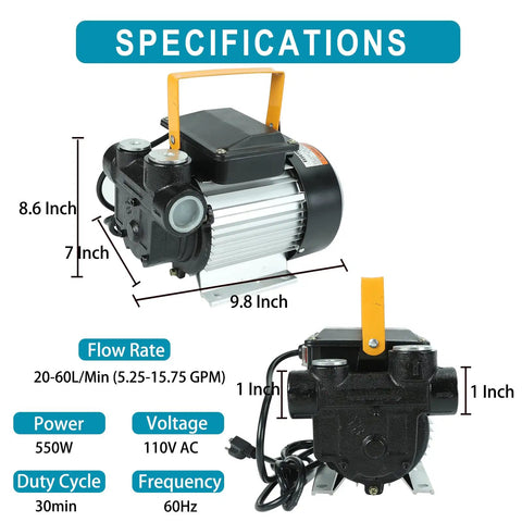 No-Nonsense 110V AC 550W Self Priming Electric Fuel Transfer Pump, measuring 8.6x9.8x7 inches, designed for fuel hauling on job sites.