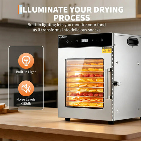 Straight Up Heavy Duty Large Food Dehydrator With Ten Rock Solid Stainless Steel Trays with built-in light and drying fruits.