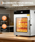 Heavy Duty Stainless Steel Food Dehydrator With Twelve Spacious Trays And A Rock Solid 800 Watt Motor, illuminated drying process with fruits.