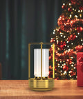 Portable Metal Table Lamp Cordless Rechargeable LED Light With 3 Color Infinitely Dimming Battery Powered Small Desk Lamp For Indoor Outdoor Use Ideal For Home Bar Cafe Camping In Sleek Gold next to Christmas decor.