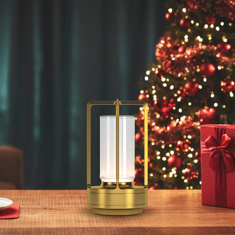 Portable Metal Table Lamp Cordless Rechargeable LED Light With 3 Color Infinitely Dimming Battery Powered Small Desk Lamp For Indoor Outdoor Use Ideal For Home Bar Cafe Camping In Sleek Gold next to Christmas decor.