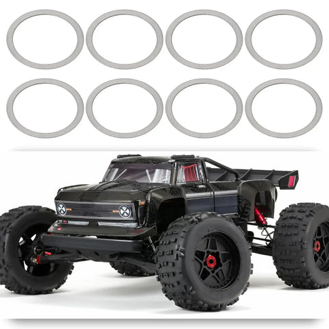 8Pcs Beefed Up Rc Differential Shim Set For Armma 6s BLX Rc Cars Outer Diameter 16Mm Inner Diameter 13Mm Thickness 0.2Mm Steel Diff Spacer Silver Compatible With Kraton Talion Notorious shown with RC truck model