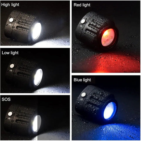 Underwater LED Video Light For GoPro Sony Nikon Cameras showing high, red, low, blue modes, waterproof at 130 feet, adjustable features.
