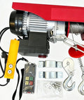 Heavy Duty Electric Wire Rope Hoist With Extended 20 Meter Cable And Wireless Remote Control showing hoist components and accessories.
