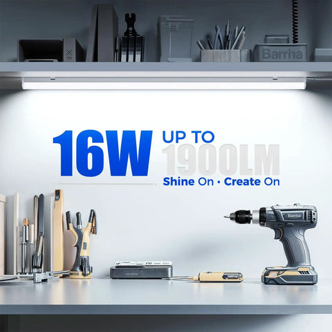 Ultra Bright LED T5 Shop Light 3 Foot 6500K With Built In On Off Switch 16W Low Power Over 1900 Lumens ETL Listed Pack Of 6 Utility Bay Light For Garage Workshop Or Commercial Use illuminated workspace with tools