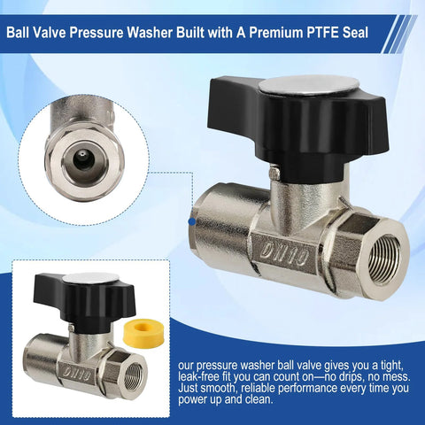 Ball Valve Pressure Washer DN10, 3/8 in metal valve with black knob; two pieces shown