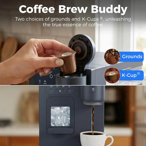 Person placing K-Cup in 3-In-1 Water Dispenser With Ice Maker And Coffee Brewer For Home Or Office, close-up view of controls.