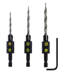 Three Piece Tapered Drill Bit Countersink Set With Reusable Hex Shank For Quick Screws Made In USA In Three Sizes Nine Sixty Four By Three Eighths Inch For Six Gauge Eleven Sixty Four By Three Eighths Inch For Eight Gauge Thirteen Sixty Four By Three. Front view showing three bits and hex key.