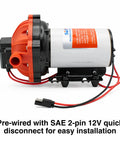 12V RV Water Pump 5.5 GPM 60 PSI Heavy Duty Diaphragm Pump with SAE 2-pin quick disconnect for easy installation.