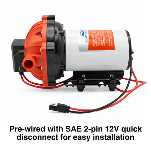 12V RV Water Pump 5.5 GPM 60 PSI Heavy Duty Diaphragm Pump with SAE 2-pin quick disconnect for easy installation.