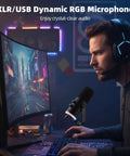 Gamer using XLR USB Dynamic RGB Microphone For Gaming And Streaming With Noise Reduction on a desk setup