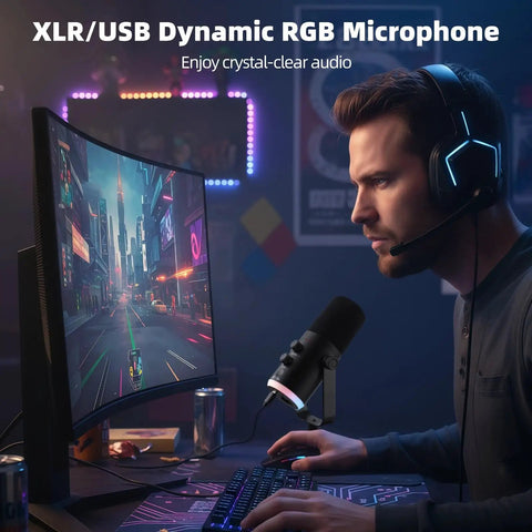 Gamer using XLR USB Dynamic RGB Microphone For Gaming And Streaming With Noise Reduction on a desk setup