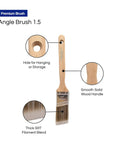 Three Pack 1.5 Inch Angle Paint Brushes Set With Thick Synthetic Filament showing wood handle, hanging hole, and SRT bristles.