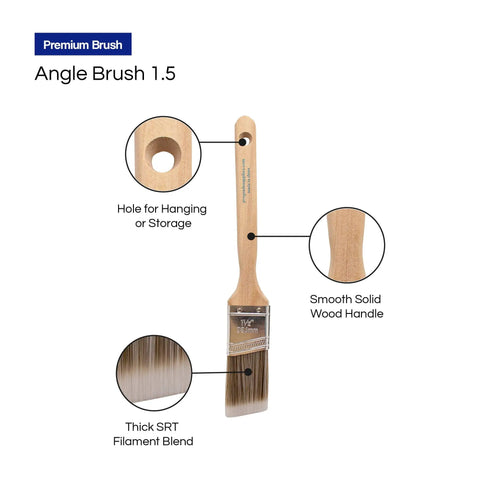 Three Pack 1.5 Inch Angle Paint Brushes Set With Thick Synthetic Filament showing wood handle, hanging hole, and SRT bristles.