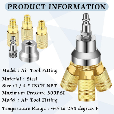 Two Pack 3 Way Air Manifold Hose Splitter Kit with Steel Couplers and NPT Plug for Compressors in Brass Color