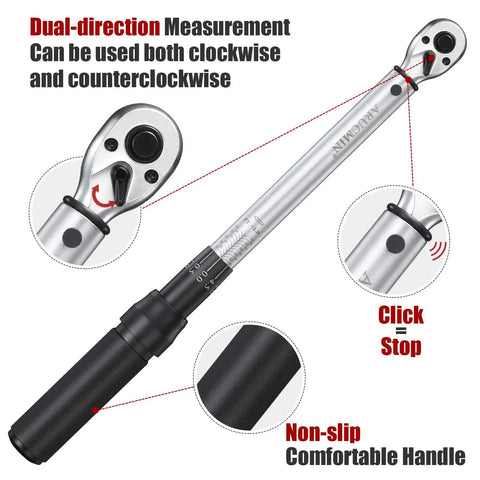 Beefy 3/8-Inch Drive Click Torque Wrench With 10-100 Ft-Lb / 15-135 Nm Range, Dual-Direction Adjustable, 72-Tooth Ratchet shown