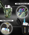 2 Pack Waterproof Lighters For Outdoors, Windproof Torch And USB Rechargeable Arc Lighters, showing USB and fuel ports.
