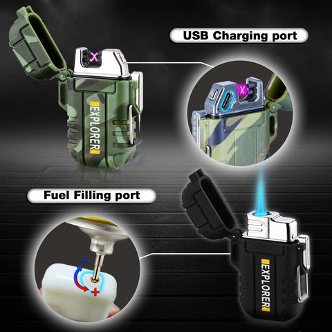 2 Pack Waterproof Lighters For Outdoors, Windproof Torch And USB Rechargeable Arc Lighters, showing USB and fuel ports.