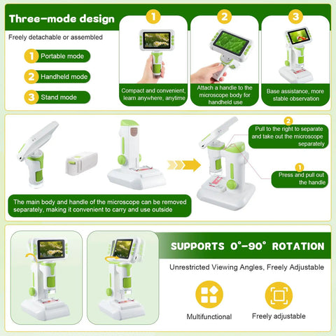 Kid Friendly Digital Microscope With 4 Inch HD Screen Totally Portable 2 In 1 Desktop Handheld Miniscope showing modes