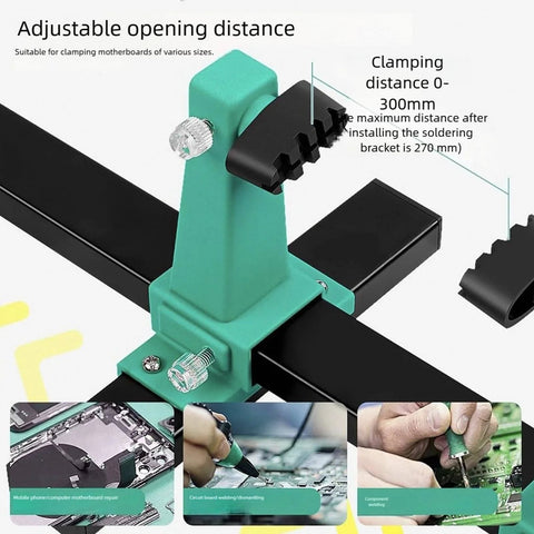 All In One Soldering Jig Kit For Electronics Assembly With Adjustable Fixing Fixture And Cable Clamp On Slip Base Rugged Yet Lightweight showing adjustable clamp and base.