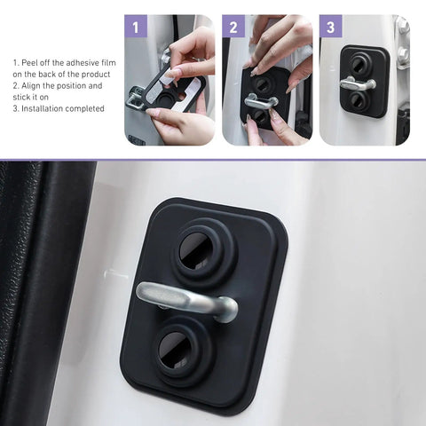 Installation process of Silicone Car Door Strike Protectors Four Pack Heavy Duty Shock Absorbing Latch Covers to Quiet The Slam.
