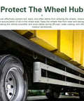 Heavy Duty Push Through Trailer Wheel Center Caps Boasting A Slick Chrome Polish For A Tight Universal Mount on truck with yellow trailer.
