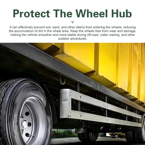 Heavy Duty Push Through Trailer Wheel Center Caps Boasting A Slick Chrome Polish For A Tight Universal Mount on truck with yellow trailer.