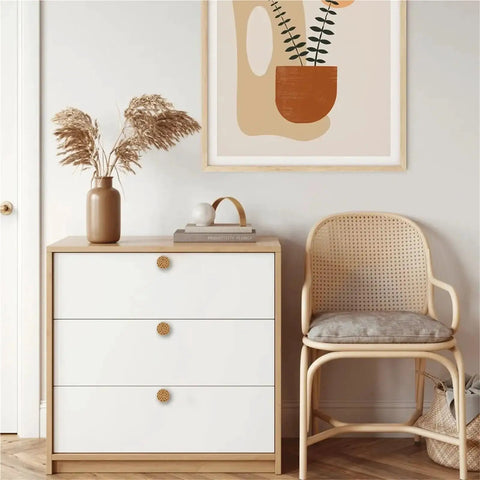 Grab These Snazzy Wooden Rattan Furniture Knobs And Pulls For Your Dresser Or Cabinet, Featuring Easy Single Hole Installation, Stylish Round Weave Design, And Durable Build Ideal For Upgrading Kitchen Cupboards Bedroom Drawers Or Bathroom Storage Units. Wooden rattan round weave knob on white dresser drawer.