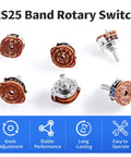 Four Pack RS25 Rotary Band Switches 2 Pole 6 Position 2P6T with knobs for TV radio electronic devices, overhead view
