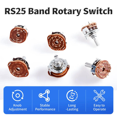 Four Pack RS25 Rotary Band Switches 2 Pole 6 Position 2P6T with knobs for TV radio electronic devices, overhead view