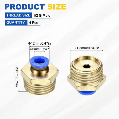 Push To Connect Pneumatic Fittings Four Pack Brass Straight Male Adapters for Six Millimeter Tube and One Half G Thread