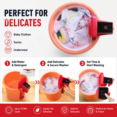 Ultra Compact Portable Washing Machine Crafted For Standard Five Gallon Bucket Plus Smart Digital Timer Nailed For Dorm Rooms RV Outings And Apartment Living Slaps Laundromat Lines Goodbye, washing delicate baby clothes in a bucket.