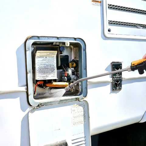 Rock Solid Rv Camper Rig Service Kit Featuring A Durable Mag Anode Rod And Flexible Flush Wand For Hot Water Tanks Paired With A Sturdy Hex Wrench For No Sweat Sediment Removal, using flush wand on water heater.
