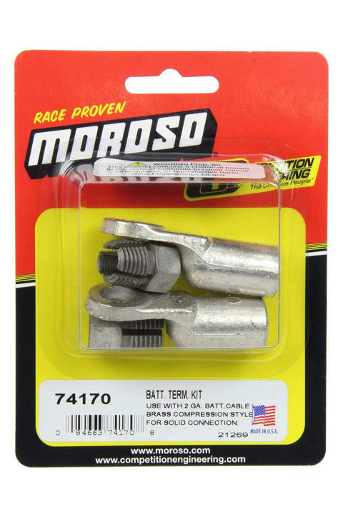 Moroso 74170 battery terminal kit; front view showing brass compression clamps for 2-gauge battery cable.