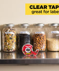 Super Hold Tape With 50 Percent More Adhesive, Clear Finish displayed with labeled jars on shelf